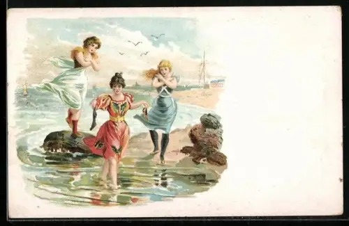 AK Frauen im Badeanzug auf Steinen am Meer