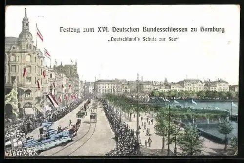 AK Hamburg, XVI. Deutsches Bundesschiessen 1909, Festumzug am Jungfernstieg