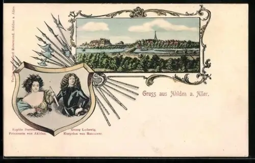 Lithographie Ahlden a. Aller, Sophie Dorothea Prinzessin von Ahlden, Georg Ludwig Kurprinz von Hannover