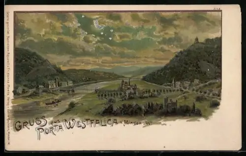 Lithographie Porta Westfalica b. Minden, Flusspartie im Mondschein