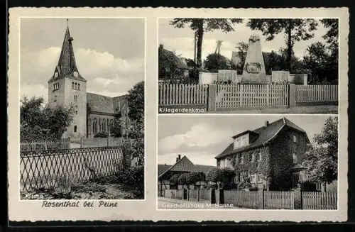 AK Rosenthal bei Peine, Geschäftshaus M. Hanne, Kirche, Kriegerdenkmal