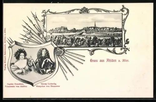 AK Ahlden a. Aller, Gesamtansicht des Ortes u. Prinzessin Sophie Dorothee und Kurprinz v. Hannover Georg Ludewig