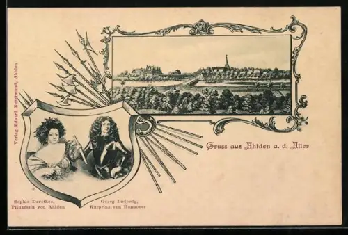 AK Ahlden a. d. Aller, Gesamtansicht sowie Bildnisse von Prinzessin Sophie Dorothee und Kurprinz v. Hann. Georg Ludewig