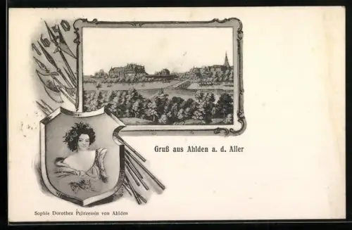 AK Ahlden a. d. Aller, Sicht auf den Ort und Bildnis von Prinzessin Sophie Dorothea