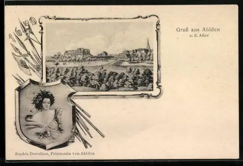 AK Ahlden, Ortsansicht, Portrait von Sophie Dorothea-Prinzessin von Ahlden