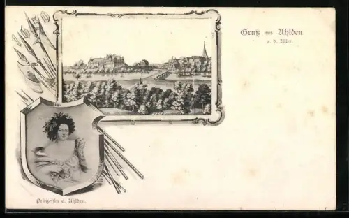 AK Ahlden a. d. Aller, Ansicht des Ortes und Bildnis der Prinzessin Sophie Dorothea