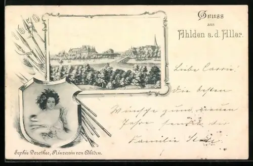 AK Ahlden a. d. Aller, Blick auf den Ort und Bildnis von Prinzessin Sophie Dorothea