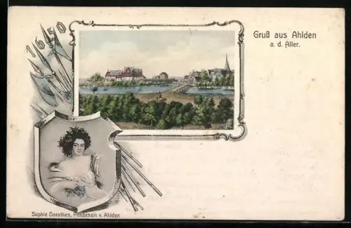 AK Ahlden a. d. Aller, Ansicht des Ortes und Bildnis von Prinzessin Sophie Dorothea