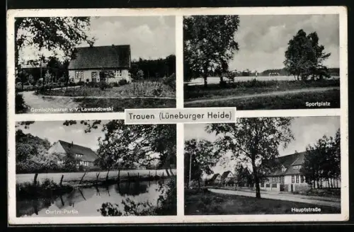 AK Trauen /Lüneburger Heide, Gemischtwaren v. V. Lewandowski, Sportplatz, Oertze-Partie, Hauptstrasse
