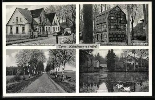 AK Tewel i. Lüneburger Heide, Ortsansicht mit Gasthaus Lemmermann und Rutenmühle