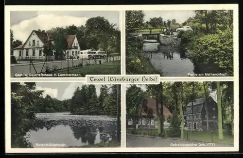 AK Tewel /Lüneburger Heide, Gasthaus H. Lemmermann, Partie Mehlandsbach, Rutenmühlenteich, Getreidespeicher