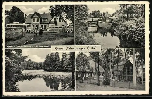 AK Tewel in der Lüneburger Heide, vier Ansichten des Ortes
