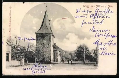 AK Ahlden a. Aller, Strassenpartie mit Kirchturm