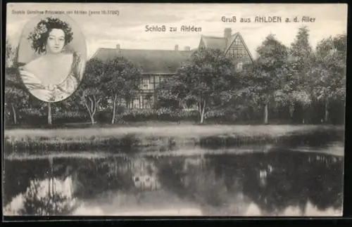 AK Ahlden a. d. Aller, Schloss und Bildnis von Prinzessin Sophie Dorothee von Ahlden