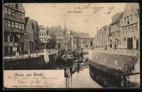 AK Stade, Wasserpartie mit Segelschiffen und Gebäuden