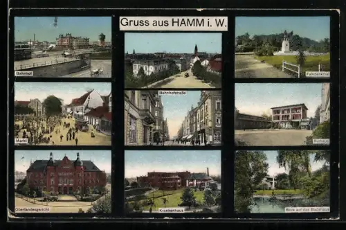 AK Hamm i. W., Bahnhof, Kurhaus, Bahnhofstrasse, Krankenhaus und Markt