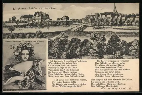 AK Ahlden an der Aller, Ortsansicht und Bildnis von Prinzessin Sophie Dorothea von Ahlden