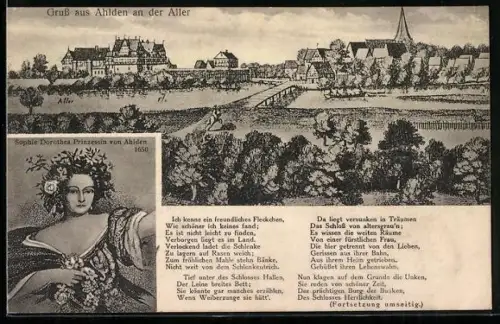 AK Ahlden a.d. Aller, Gesamtansicht, Porträt Sophie Dorothea Prinzessin von Ahlden