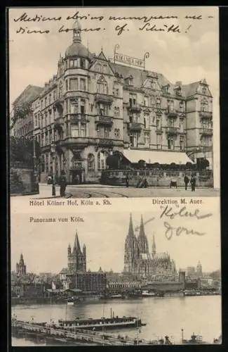 AK Köln /Rh., Hotel Kölner Hof, Panorama vom Rhein aus