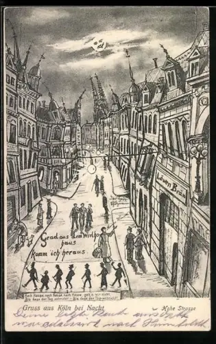 Wirtshaus-AK Köln, Hohe Strasse bei Nacht aus der Sicht eines Betrunkenen