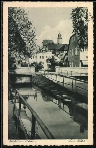 AK Eisfeld /Thür., Flusspartie am Wehr