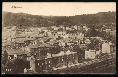 AK Longuyon, Totalansicht mit Ruinen aus der Vogelschau
