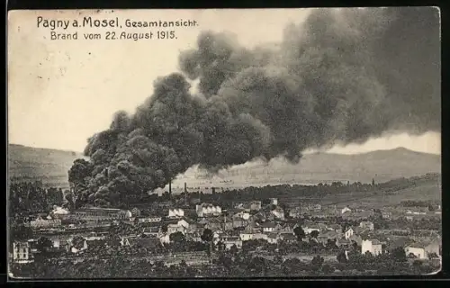 AK Pagny a. Mosel, Gesamtansicht, Brand vom 22.08. 1915