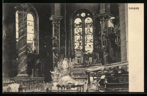 AK Longwy, Kircheninneres mit Kriegsschäden