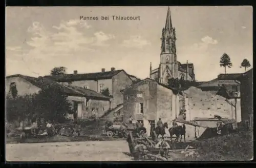 AK Pannes, Partie im Ort mit Kirche und Reitern
