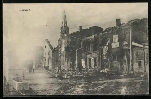 AK Rouvres, Strasse mit Kriegsruinen, Kirche, Brunnen
