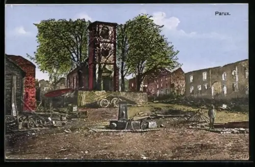 AK Parux, Platz mit Ruinen und Brunnen, Kirche