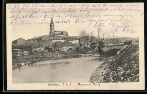 AK Pannes b. Essey, Weltkrieg 1914-15, Uferpartie mit Kirche