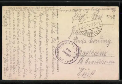 AK Longuyon, Strassenpartie mit Kriegsruinen und Soldatengruppe