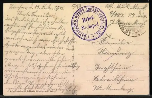 AK Longwy, Blick von dem Wald auf zerstörte Häuser