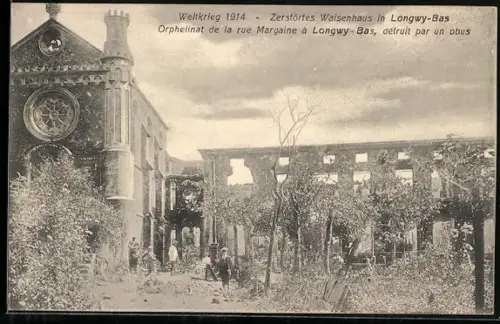 AK Longwy-Bas, Orphelinat de la rue Margaine, détruit par un obus, Weltkrieg 1914