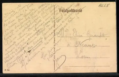 AK Brieulles, Feldzug 1914-15, Zerstörte Ortspartie mit Soldaten