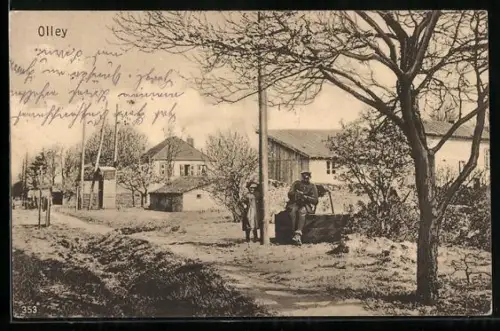AK Olley, Ortspartie mit Kind und einem Mann