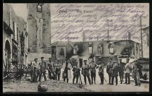 AK Jarny, deutsche Soldaten vor einer zerschossenen Auto-Werkstatt