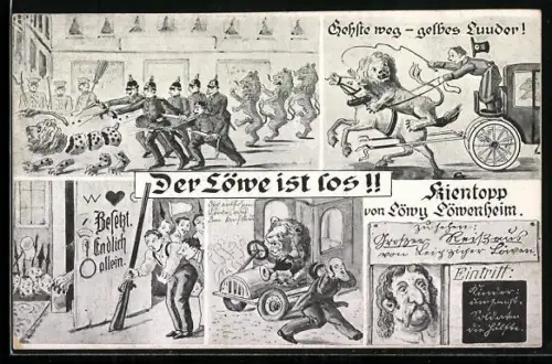 Künstler-AK Jude Kientopp von Löwy, Der Löwe ist los, Polizisten schiessen auf einen Löwen