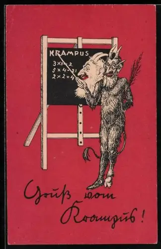 AK Krampus steht an einer Tafel, Rechenaufgaben