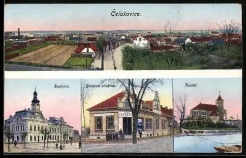 AK Celakovice, Radnice, Baizova vinarna, Kostel, Celkovy Pohled