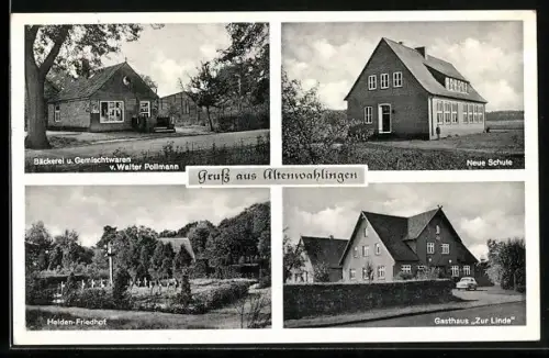 AK Altenwahlingen, Bäckerei u. Gemischtwaren v. Walter Pollmann, Gasthaus Zur Linde, Neue Schule, Helden-Friedhof