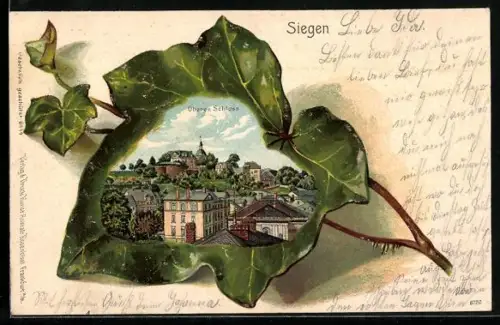 Passepartout-Lithographie Siegen, Oberes Schloss im Weinblatt