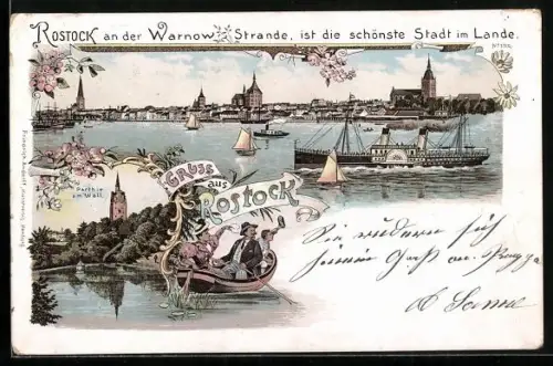Lithographie Rostock /Warnow, Uferpartie mit Dampfer, Partie am Wall