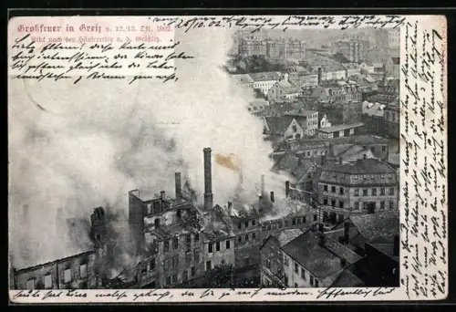 AK Greiz, Häuserreihe an der Grässlitz während des Grossfeuers im Oktober 1902