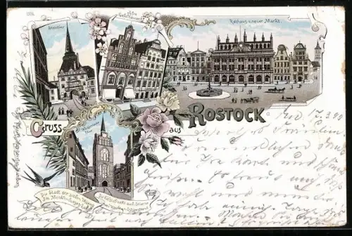 Lithographie Rostock i. M., Steintor, Alte Giebelhäuser, Aufgeklebte Ansicht des Stadttheaters