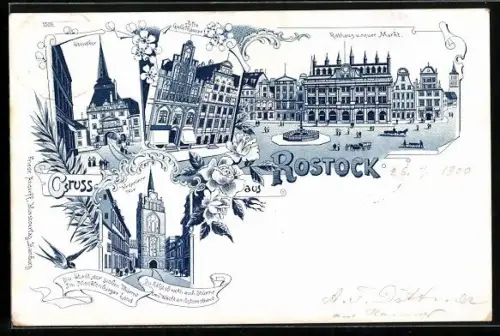 Lithographie Rostock, Rathaus, Neuer Markt, Steintor