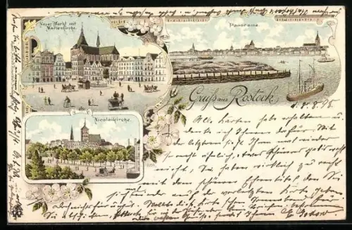 Lithographie Rostock, Neuer Markt, Marienkirche, Nicolaikirche