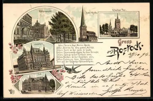 Lithographie Rostock, Ständehaus, Post, Kröpeliner Thor