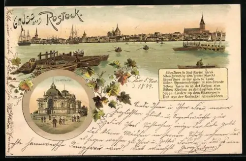 Lithographie Rostock, Stadttheater, Ortsansicht